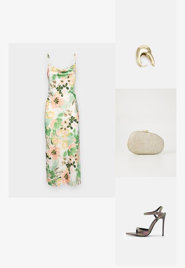 Ziedu kleita ar pastelīgiem rozā, zaļiem un krēma toņiem, ar peļānas kakla izgriezumu, plāniem plecu siksniņām un gludu tekstūru.; Augstpapēžu sandales ar daudzkrāsainu, strukturētu čūsku rakstu. Aprīkotas ar regulējamām potīšu siksnām un smailu purngalu dizainu.; Metālisksa zelta un sudraba tekstūras soma ar noapaļotu formu un gludu zelta aizdari. Izceļas ar austu dizainu visā virsmā.; Zeltīti metāla auskari ar gludu, izliekta dizaina. Ar atšķirīgu smailu formu, pulētu virsmu un eņģu aizdari.