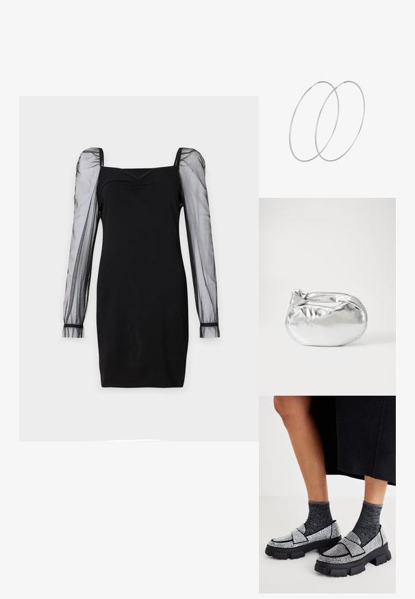 Black dress featuring a square neckline, fitted bodice, and sheer long puff sleeves with cuffs. Smooth texture with a sleek silhouette.; Black slip-on shoes with rhinestone embellishments, chunky black soles, and contrasting gray textured socks. Casual and distinctive design.; Silver metallic pouch bag with a soft, rounded shape and a knotted top closure. Made from smooth faux leather material.; Silver hoop earrings with a minimalist design. Circular shape, smooth texture, and thin profile. Lightweight with a polished finish.