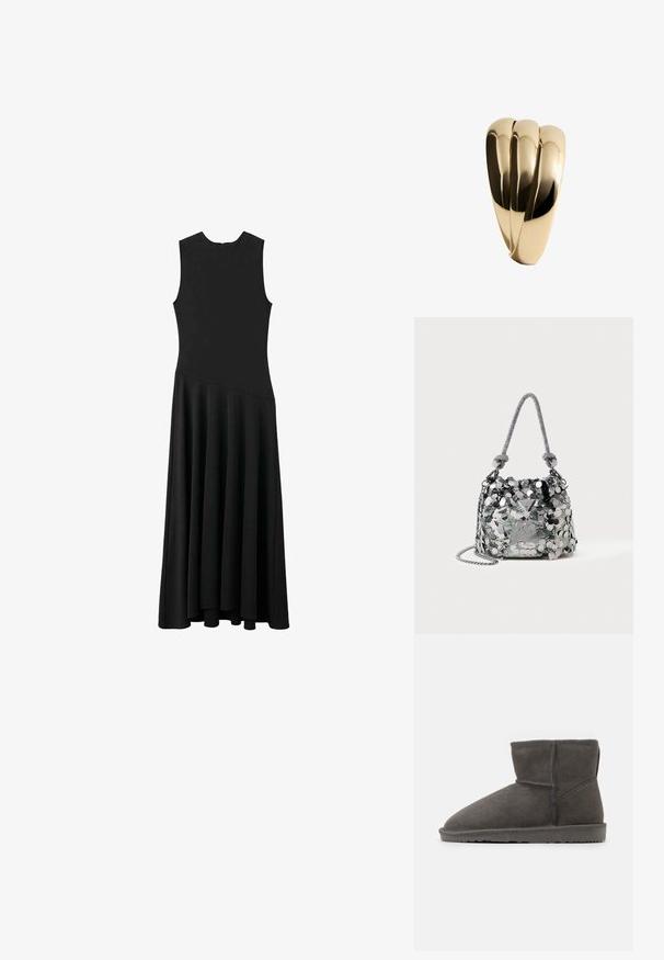 Abito maxi senza maniche nero con busto aderente e gonna svasata, caratterizzato da una texture liscia e un design minimalista, senza chiusure visibili.; Stivale alla caviglia in suede grigio con punta arrotondata e fodera interna morbida. Dotato di suola piatta in gomma e dettagli di cucitura minimi.; Piccola borsa argentata decorata con grandi paillette, con manico annodato e tracolla a catena, che presenta il logo del marchio Guess sulla parte frontale.; Mango Bracciale - gold-coloured