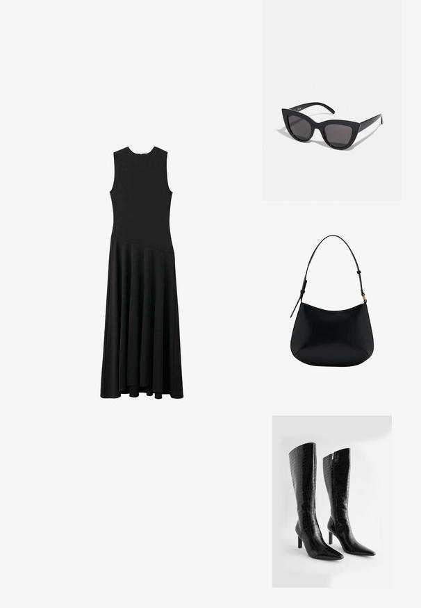 Zwarte mouwloze maxi-jurk met een aansluitend lijfje en een uitlopende rok, met een gladde textuur en een minimalistisch ontwerp, zonder zichtbare sluitingen.; Kniehoge zwarte neplederen laarzen met een krokodillenstructuur, gespleten neuzen en een slanke hoge hak; voorzien van een ritssluiting aan de zijkant.; Zwarte cat-eye zonnebril met een matte afwerking, voorzien van grijs getinte glazen, scherpe hoeken en slanke zijarmen. Merkennaam zichtbaar op de binnenarm.; Zwarte leren schoudertas met een gladde textuur, gebogen vorm en verstelbare hengel. Heeft minimale stiksels en een eenvoudig ontwerp.; Heldere en amber harsringen, de ene glad en transparant, de andere met een gestructureerde, amberkleurige afwerking. Beide hebben afgeronde, chunky ontwerpen.