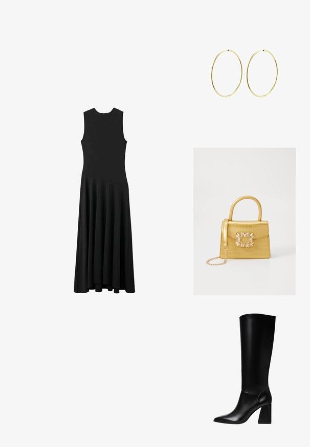 Schwarzes ärmelloses Maxikleid mit enger Passform im Oberteil und schwingendem Rock, ausgestattet mit einer glatten Textur und minimalistischem Design, ohne sichtbare Verschlüsse.; Stradivarius High Heel Stiefel - black; Gelbe Kunstleder-Handtasche im Krokodil-Look mit strukturiertem Design, Obergriff, abnehmbarem Kettenriemen und dekorativer Kristallverzierung am Verschluss.; Goldene Creolen mit einem glatten, runden Design. Dünn und leicht, mit einem durchgehenden Ring ohne Verzierung.