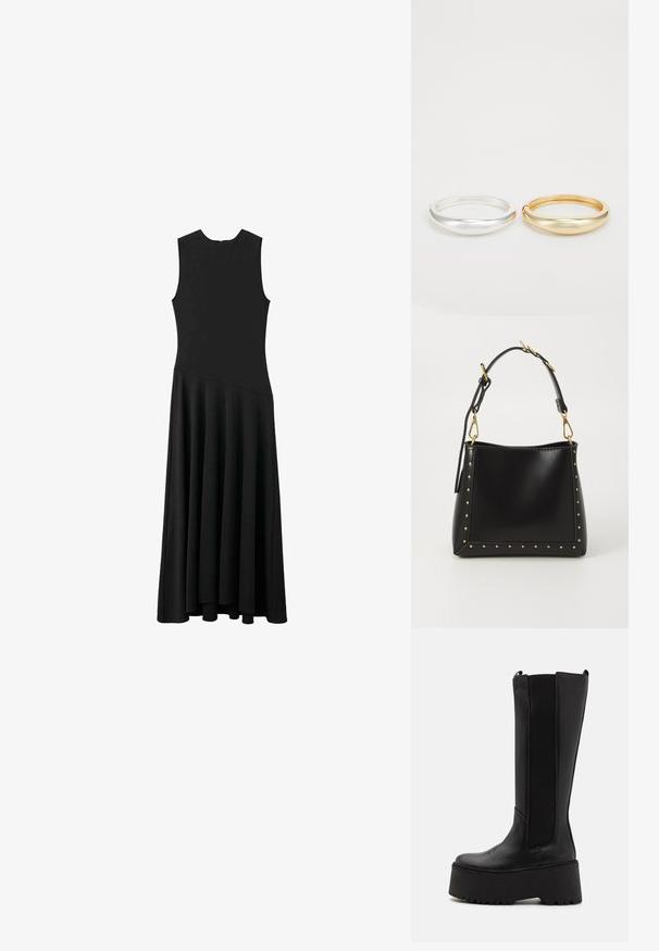 Black sleeveless maxi dress with a fitted bodice and flared skirt, featuring a smooth texture and minimalistic design, no visible fastenings.; Black knee-high boot with a smooth leather body, elastic side panels, and a thick platform sole featuring a treaded bottom.; Black leather handbag with a structured shape, featuring gold studs along the edges and a detachable strap with gold hardware accents.; Zign 2 PACK - Bracelet - gold-coloured/silver-coloured