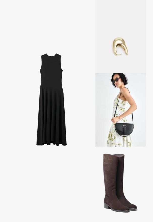 Svart ärmlös maxiklänning med snygg passform och utställd kjol, med en mjuk textur och minimalistisk design, inga synliga knäppningar.; Bruna mockaskinn knähöga stövlar med något rundad tå och låg klack. Har diskreta sömnadsdetaljer längs sidorna.; Svart läderhandväska med en böjd form, avtagbar rem och guldiga detaljer. Väskan har ett lock med en spänndetalj.; Örhänge i guldtonad metall med en elegant, böjd design. Har en distinkt spetsig form, polerad yta och gångjärnslås.