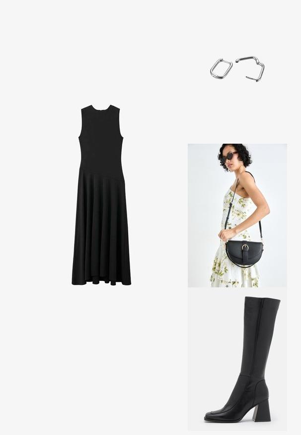 Black sleeveless maxi dress with a fitted bodice and flared skirt, featuring a smooth texture and minimalistic design, no visible fastenings.; Black knee-high leather boot with a square toe, smooth texture, tapered design, and a chunky block heel. Features seam detailing.; Black leather handbag with a curved shape, detachable strap, and gold hardware. The bag features a flap with a buckle detail.; Silver metal spring clips, one rectangular and one oval, featuring smooth surfaces and rounded edges. Both have glossy finishes and simple designs.