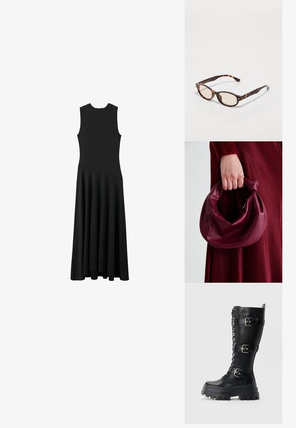 Rochie maxi neagră fără mâneci, cu un corset ajustat și o fustă evazată, având o textură netedă și un design minimalist, fără închizători vizibile.; Cizme de luptă din piele neagră, înalte, cu talpă chunky, trei catarame ajustabile și detaliu cu șireturi în față, pe un fundal simplu.; Ochelari de soare bleoni cu un design rotund și lentile de nuanță deschisă. Au brațe rezistente cu mici accente de aur, fabricate din material plastic.; Geantă de mână din piele burgundă, cu un design moale și pliat și o formă rotundă. Mânerele sunt securizate, evidențiind o textură netedă.