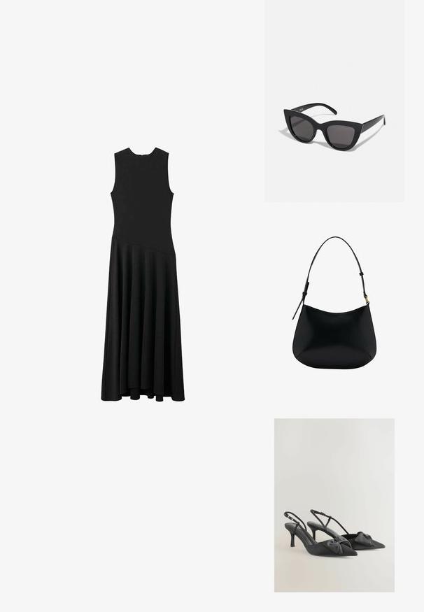 Czarna, bezrękawnikowa sukienka maxi z dopasowaną górą i rozkloszowanym dołem, charakteryzująca się gładką teksturą i minimalistycznym designem, bez widocznych zapięć.; Czarne satynowe szpilki slingback z ostrymi noskami, małymi kokardkami na przodzie oraz smukłymi obcasami. Posiadają regulowane paski wokół kostki.; Czarne okulary przeciwsłoneczne w kształcie kociego oka z matowym wykończeniem, z szarymi soczewkami, ostrymi kątami i smukłymi bocznymi ramionami. Nazwa marki widoczna na wewnętrznej części ramienia.; Czarna skórzana torba na ramię o gładkiej fakturze, zaokrąglonym kształcie i regulowanym uchwycie. Charakteryzuje się minimalnym przeszyciem i prostym designem.