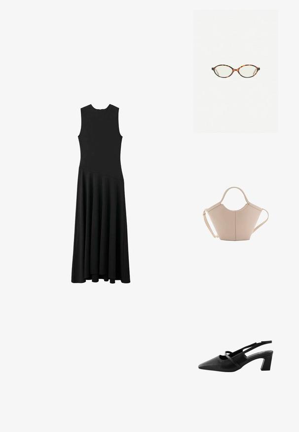 Musta hihaton maxi-mekko, jossa on tiukka yläosa ja levenevä helma. Mekossa on sileä pinta ja minimalistinen muotoilu ilman näkyviä kiinnityksiä.; Musta nahkainen slingback-kenkä terävällä varvalla, jossa on ristiin menevät hihnat ja keskikorkea tukipohja. Sujuva pinta ja minimalistinen muotoilu.; Kilpikonnakuosiset silmälasit, joissa on soikeat linssit ja tyylikäs, sileä pinta. Ominaisuudet: ohuet sivut, joissa on hienovarainen kaari temppeleissä. Kirkkaat linssit.; Vaaleanbeige nahkainen käsilaukku, jossa on ainutlaatuinen muoto, varustettuna kahdella lyhyellä kahvalla ja yhdellä pitkällä säädettävällä hihnalla. Sujuva pinta ja vähän metalliosia.