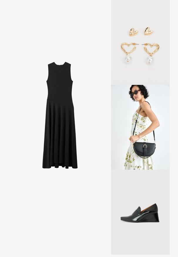 Musta hihaton maxi-mekko, jossa on tiukka yläosa ja levenevä helma. Mekossa on sileä pinta ja minimalistinen muotoilu ilman näkyviä kiinnityksiä.; Chie Mihara VECINO - Kiilakorkoavokkaat - black; Musta nahkainen käsilaukku, joka on kaareva muotoilultaan, irrotettavalla hihnalla ja kultaisilla yksityiskohdilla. Laukussa on läppä, jossa on solk yksityiskohta.; Kultaiset sydämenmuotoiset korvakorut, joissa on teksturoitu pinta ja roikkuva helmikoriste. Mukana on myös yhteensopivat sydänkorvakuulokkeet.