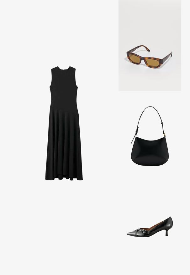 Svart ärmlös maxiklänning med snygg passform och utställd kjol, med en mjuk textur och minimalistisk design, inga synliga knäppningar.; Svart läderklack med spetsig tå, böjd häl och dekorativ spänne. Har en slät yta och kontrasterande rem med metalliska accenter.; Solsjönglasögon i sköldpaddsdesign med bruna polaroidlinser. Rektangulär form med slät yta. Graverad "vogue" nära skalmen.; Svart läder axelväska med en slät yta, böjd form och justerbart handtag. Har minimalt med sömmar och en enkel design.