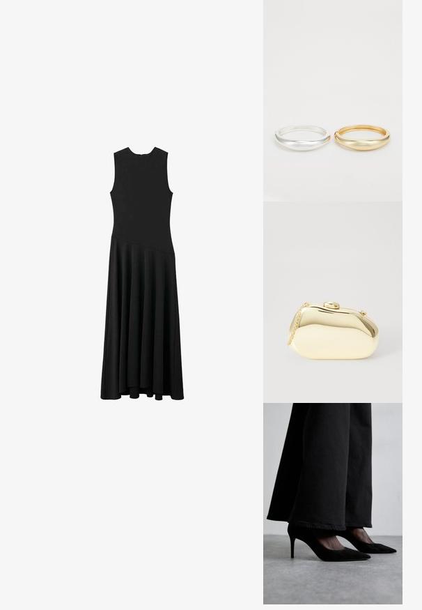 Černé maxi šaty bez rukávů s přiléhavým vrškem a rozšířenou sukní, které mají hladkou texturu a minimalistický design, bez viditelných zapínání.; Černé z semišové kůže, vysoké boty na podpatku s špičatou špičkou, nošené s černými širokými kalhotami, mají elegantní design a jemný lesk.; Metalická zlatá kabelka s hladkým, zaobleným tvarem, opatřená horním zapínáním na knoflík a malým řetízkovým popruhem pro nošení.; Zign 2 PACK - Náramek - gold-coloured/silver-coloured