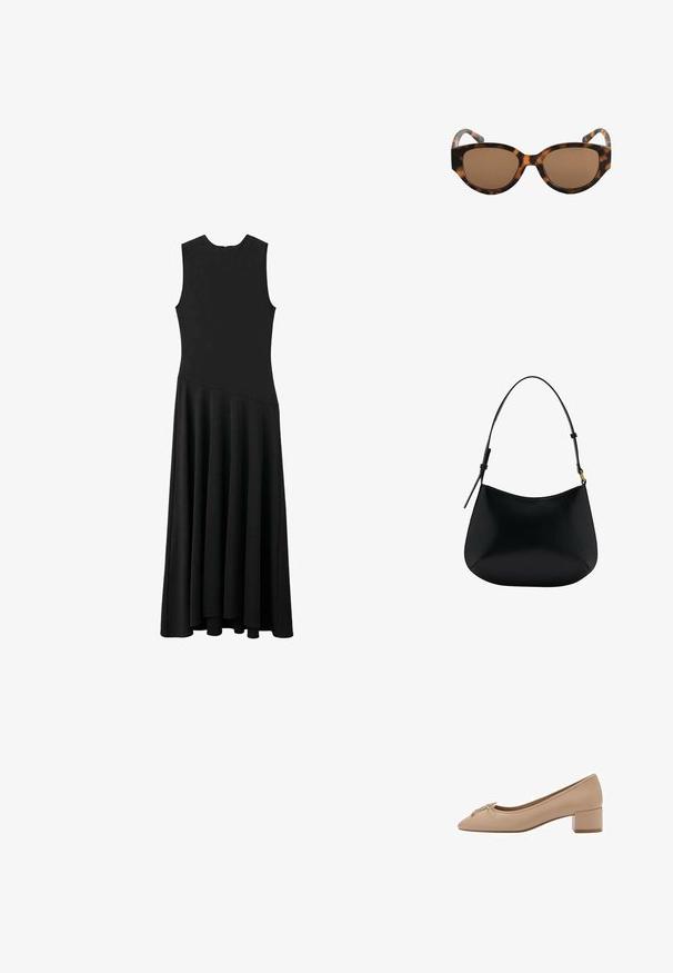 Czarna, bezrękawnikowa sukienka maxi z dopasowaną górą i rozkloszowanym dołem, charakteryzująca się gładką teksturą i minimalistycznym designem, bez widocznych zapięć.; Beżowe skórzane szpilki z lekko spiczastym noskiem, małym detalem w postaci kokardki z przodu oraz kwadratowym, niskim obcasem. Gładka faktura z minimalnym przeszyciem.; Brązowe okulary przeciwsłoneczne w kształcie kociego oka z tortoishell, brązowymi soczewkami i gładką fakturą. Ramiączka mają wygięte ramiona z subtelnym wzorem.; Czarna skórzana torba na ramię o gładkiej fakturze, zaokrąglonym kształcie i regulowanym uchwycie. Charakteryzuje się minimalnym przeszyciem i prostym designem.; Czarna skórzana torba na ramię o gładkiej fakturze, zaokrąglonym kształcie i regulowanym uchwycie. Charakteryzuje się minimalnym przeszyciem i prostym designem.