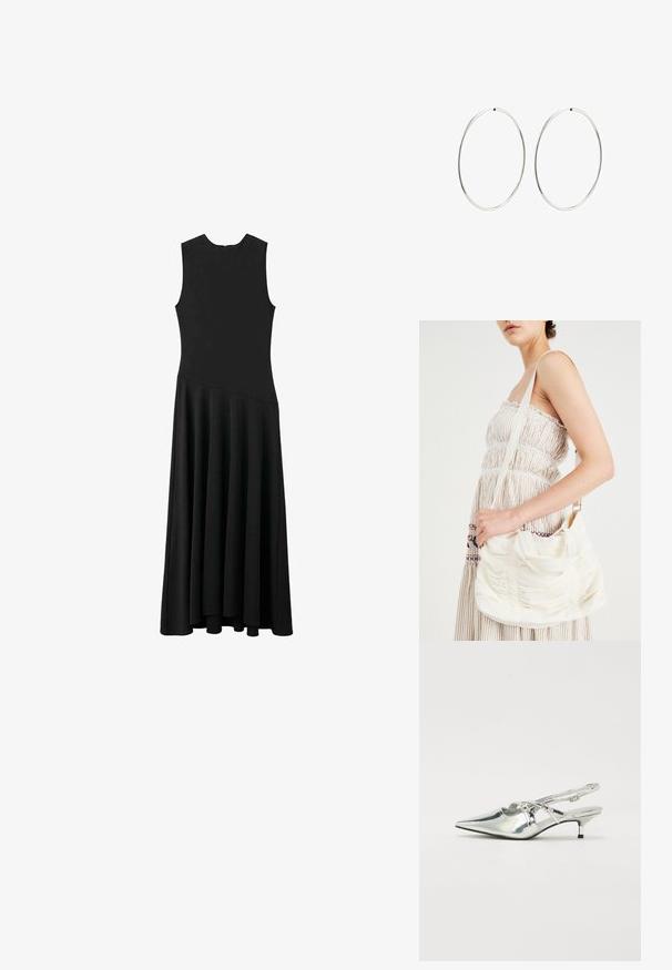 Musta hihaton maxi-mekko, jossa on tiukka yläosa ja levenevä helma. Mekossa on sileä pinta ja minimalistinen muotoilu ilman näkyviä kiinnityksiä.; Hopeiset metallinhohtoiset nilkkuri-kengät, joissa on terävä kärki, matala kitten-korko ja ristiin menevät nauhat edessä. Silkkinen, kiiltävä pinta.; Valkoinen kangaskassi, jossa on kerrostettu pinta, säädettävä olkahihna ja hopeiset yksityiskohdat. Esillä kermaisen värisen mekon vieressä.; Hope hopeita hopeita, joissa on sileä, pyöreä muoto ja kiiltävä pinta. Ne ovat ohuita ja kevyitä, ja niissä on yksinkertainen lukitus.