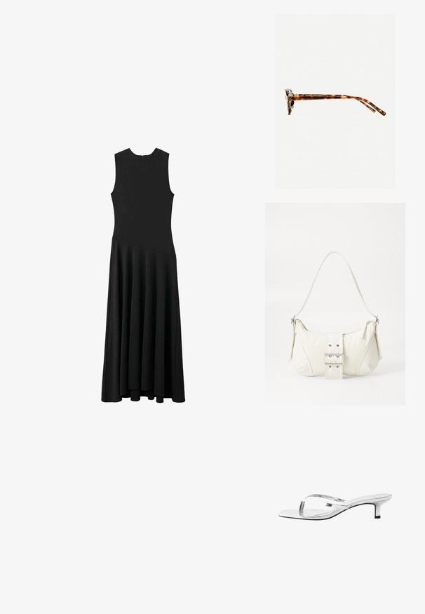 Schwarzes ärmelloses Maxikleid mit enger Passform im Oberteil und schwingendem Rock, ausgestattet mit einer glatten Textur und minimalistischem Design, ohne sichtbare Verschlüsse.; Next SIGNATURE TOE POST REGULAR FIT - Zehentrenner - silver; Schildpatt-Sonnenbrille mit dickem Rahmen, leicht gebogenen Bügeln und glatter Textur. Sie präsentiert ein klassisches Design mit glänzender Oberfläche.; Weiße Schultertasche mit texturierter Oberfläche, zentralem Schnallenakzent und geschwungener Form. Reißverschluss an beiden Seiten.