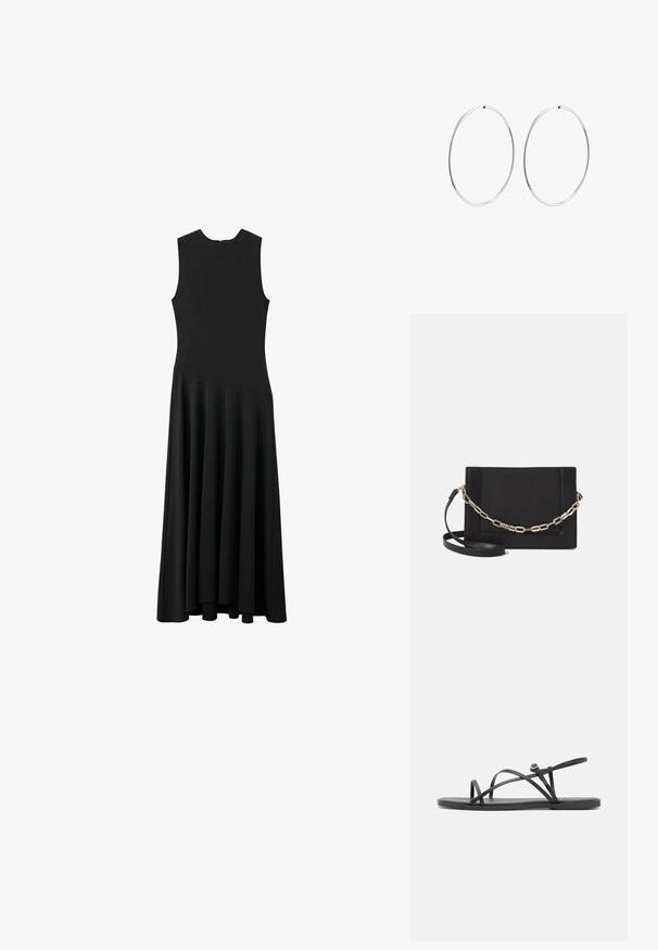 Musta hihaton maxi-mekko, jossa on tiukka yläosa ja levenevä helma. Mekossa on sileä pinta ja minimalistinen muotoilu ilman näkyviä kiinnityksiä.; Musta litteä sandaalit ohuilla, ristikkäisillä hihnoilla, avoimella varpaanmuodolla ja minimalistisella pohjalla. Sisältää pienen soljen säätöä varten.; Musta nahkainen olkalaukku, jossa on sileä pinta, suorakulmainen muoto ja metalliketju yksityiskohtana edessä. Mukana säädettävä hihna.; Hope hopeita hopeita, joissa on sileä, pyöreä muoto ja kiiltävä pinta. Ne ovat ohuita ja kevyitä, ja niissä on yksinkertainen lukitus.