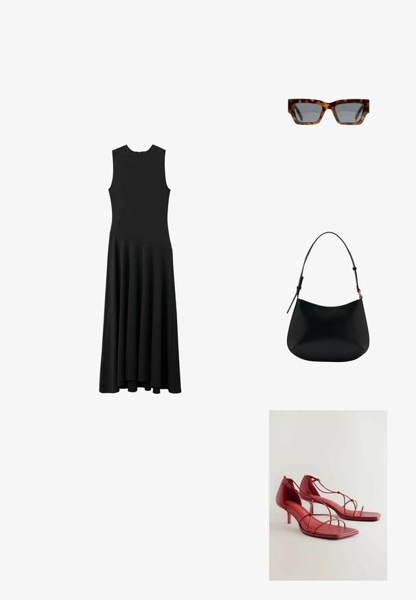 Czarna, bezrękawnikowa sukienka maxi z dopasowaną górą i rozkloszowanym dołem, charakteryzująca się gładką teksturą i minimalistycznym designem, bez widocznych zapięć.; Czerwone skórzane sandały na wysokim obcasie z kwadratowymi noskami, wieloma cienkimi paskami na stopie oraz regulowanym zapięciem na kostce. Teksturowana wkładka.; Okulary przeciwsłoneczne z wzorem w tortoise z kanciastymi oprawkami, szarymi szkłami i gładkim wykończeniem. Posiadają odważny geometryczny design i grube zauszniki.; Czarna skórzana torba na ramię o gładkiej fakturze, zaokrąglonym kształcie i regulowanym uchwycie. Charakteryzuje się minimalnym przeszyciem i prostym designem.