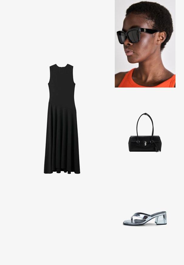 Rochie maxi neagră fără mâneci, cu un corset ajustat și o fustă evazată, având o textură netedă și un design minimalist, fără închizători vizibile.; Sandalie cu toc metalic argintiu, cu un design cu vârf pătrat, având curele încrucișate și un toc bloc pentru stabilitate. Finisaj neted, reflexiv.; Ochelari de soare pătrați negri cu lentile întunecate, cu rame groase și detalii cu logo auriu pe braț. Purtați de o persoană în bluză portocalie.; Geantă de umăr din piele neagră cu o textură netedă, design structurat, mânere duale și un detaliu cu închidere argintie în centru.
