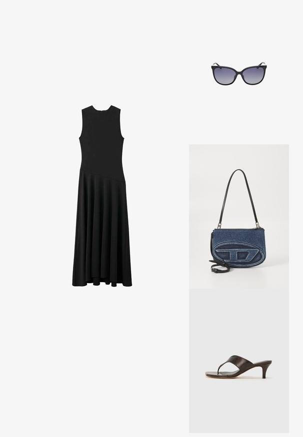Abito maxi senza maniche nero con busto aderente e gonna svasata, caratterizzato da una texture liscia e un design minimalista, senza chiusure visibili.; Sandali con tacco in finta pelle di serpente marrone, con design a thong e punta quadrata. Il tacco è alto circa 5 centimetri, con una finitura liscia.; Occhiali da sole neri a forma di occhio di gatto con lenti sfumate, dotati di una montatura in plastica liscia e sottili dettagli metallici sulle tempie.; Borsa a tracolla in denim con tracolla in pelle nera, design oval logo sulla parte frontale e chiusura con zip superiore. Finitura testurizzata.