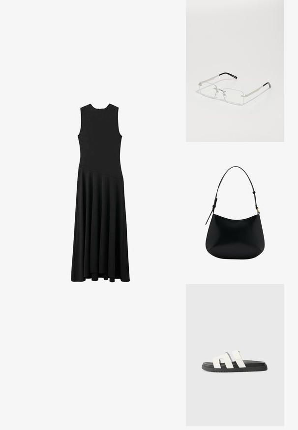 Zwarte mouwloze maxi-jurk met een aansluitend lijfje en een uitlopende rok, met een gladde textuur en een minimalistisch ontwerp, zonder zichtbare sluitingen.; Witte schuifsandalen met twee brede banden, zwarte rubberen zool, minimalistisch ontwerp en een zachte textuur. Geschikt voor casual draag.; Rechthoekige, doorzichtige brillenglazen met een dunne zilveren metalen montuur en zwarte acetaat uiteinden. Heeft minimale hardware voor een strakke uitstraling.; Zwarte leren schoudertas met een gladde textuur, gebogen vorm en verstelbare hengel. Heeft minimale stiksels en een eenvoudig ontwerp.