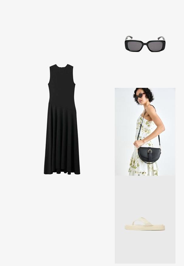 Schwarzes ärmelloses Maxikleid mit enger Passform im Oberteil und schwingendem Rock, ausgestattet mit einer glatten Textur und minimalistischem Design, ohne sichtbare Verschlüsse.; Flache Flip-Flops in hellem Gelb. Hergestellt aus glattem Gummi mit zwei diagonalen Riemen und einer dicken Sohle für Komfort und Langlebigkeit.; Schwarze rechteckige Sonnenbrille mit dunklen Gläsern, glattem Kunststoffrahmen und gebogenen Bügeln. Das Design ist klobig mit einer minimalistischen Ästhetik.; Schwarze Lederhandtasche mit geschwungener Form, abnehmbarem Tragegurt und goldenen Beschlägen. Die Tasche verfügt über einen Deckel mit einer Schnallen-Details.