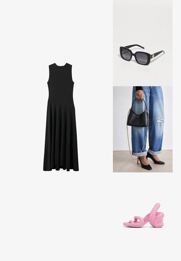 Svart ärmlös maxiklänning med snygg passform och utställd kjol, med en mjuk textur och minimalistisk design, inga synliga knäppningar.; Rosa skulpturala högklackade sandaler med en vågig design och en kraftig klack, gjorda av slät plast med utskärningar i tårområdet.; BOSS Solglasögon - black; Svart läderhandväska med en böljande form, kort handtag och guldkedjesnodd. Bärs tillsammans med slitna blå jeans och svarta klackskor.