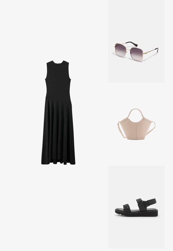 Rochie maxi neagră fără mâneci, cu un corset ajustat și o fustă evazată, având o textură netedă și un design minimalist, fără închizători vizibile.; Sandale cu platformă negre, cu curea matlasată, vârf deschis și curea la gleznă ajustabilă. Talpă din cauciuc texturat cu model zigzag pentru aderență.; Gucci Ochelari de soare - gold-coloured/grey; Geantă de mână bej din piele cu o formă unică, dotată cu două mânere scurte și o curea lungă ajustabilă. Textură netedă, cu hardware minim.