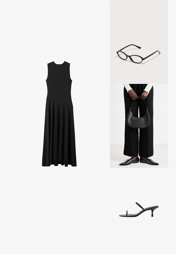 Čierne bezrukávové maxi šaty s priliehavým živôtikom a rozšírenou sukňou, s hladkou textúrou a minimalistickým dizajnom, bez viditeľného zapínania.; Čierna sandála na vysokom opätku s elegantným dizajnom, so štíhlymi pásikmi a unikátnym predným akcentom. Hladký povrch s špicatou špičkou a trojpalcovým opätkom.; Čierne okuliare s oválnym rámom a priesvitnými fialovými akcentmi na sklách. Rámy majú matný povrch a štíhle, priame nožičky.; Čierna kožená taška cez rameno s oblejším tvarom, lesklým povrchom a striebornými kovovými doplnkami. Osoba oblečená v čiernych nohaviciach s širokými nohavicami a ozdobených mokasínach.