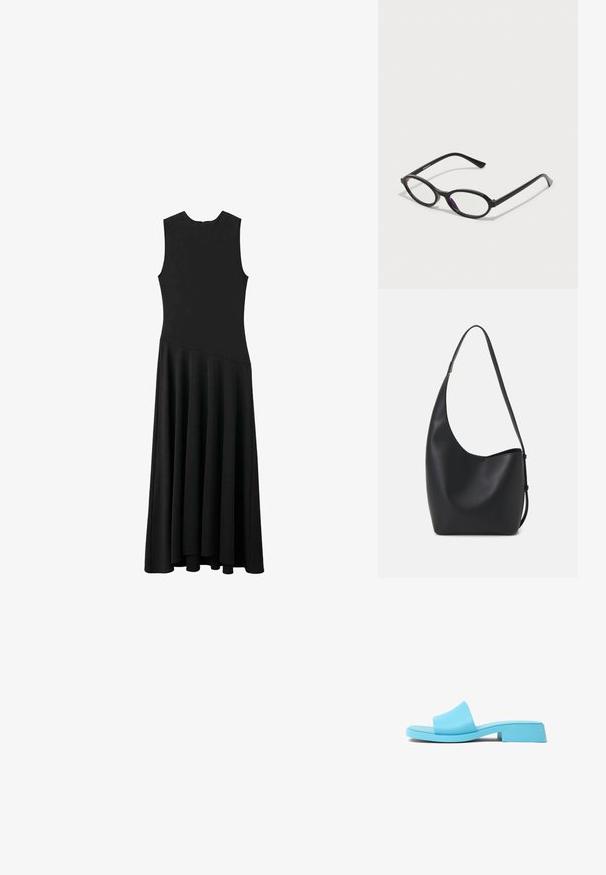 Zwarte mouwloze maxi-jurk met een aansluitend lijfje en een uitlopende rok, met een gladde textuur en een minimalistisch ontwerp, zonder zichtbare sluitingen.; Blauwe gemodelleerde instapsandalen met een brede band, platte zool en een lage blokhak. Glad, glanzend afwerking met een minimalistisch ontwerp.; Zwarte ovale brillen met doorschijnende paarse accenten op de lenzen. De monturen hebben een matte afwerking en slanke, rechte veren.; Zwarte leren hobo tas met een gladde textuur, kromme vorm en een enkele verstelbare schouderband; heeft een brede opening aan de bovenkant.