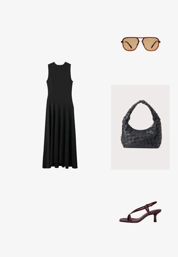 Čierne bezrukávové maxi šaty s priliehavým živôtikom a rozšírenou sukňou, s hladkou textúrou a minimalistickým dizajnom, bez viditeľného zapínania.; Burgundské sandále na vysokom opätku štvorcového tvaru, s jemnými popruhmi a zapínaním na členku. Hladká kožená textúra a štíhly blokový opätok.; Hnedé osemuholníkové slnečné okuliare s priehľadným jantárovým rámom a hnedými tónovanými sklami. Obsahujú kovový akcent na mostíku a štíhle nožičky.; Čierna kožená pletená ramenná taška s okrúhlou rukoväťou a telom v tvare polmesiaca na jednofarebnom pozadí.