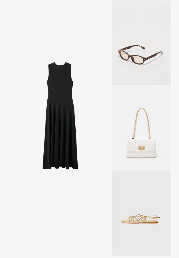 Crna maksi haljina bez rukava sUskim tijelom i lepršavom suknjom, s glatkom teksturom i minimalističkim dizajnom, bez vidljivih kopčanja.; Zlatne, remenske ravne sandale s tkanim dizajnom, podesivim remenom za gležanj, glatkom metalik završnom obradom i jednostavnom ravnom potplatom.; Naocale u obliku sunca s kornjačevinom i okruglim oblikom, laganim lećama. Imaju čvrste ručke s malim zlatnim detaljima, izrađene od plastičnog materijala.; Bijela čuvana torba s zlatnim lancem i pravokutnom kopčom. Ima glatku teksturu i geometrijski uzorak šivanja.