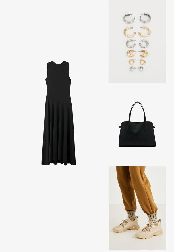 Musta hihaton maxi-mekko, jossa on tiukka yläosa ja levenevä helma. Mekossa on sileä pinta ja minimalistinen muotoilu ilman näkyviä kiinnityksiä.; Beige urheilukengät, joissa on verkkomateriaali, koristeellisia kimalteita ja paksu kumipohja. Yhdistetty raitapaitaisiin beigen värisiin sukkiin ja ruskeisiin henkseleihin.; Mustavihreä nahkalaukku, jossa on kaksinkertaiset olkahihnat, suorakaiteen muotoinen ja minimalistinen muotoilu valkoisella taustalla.; Sarjan kahdeksasta metallikorusta, joissa on hopean ja kullan sävyjä. Mukana on erilaisia renkaiden tyylejä, tekstuureja ja viimeistelyjä, järjestetty koon mukaan.