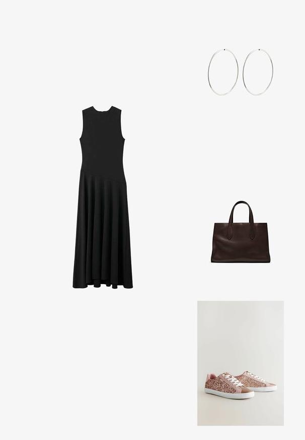 Schwarzes ärmelloses Maxikleid mit enger Passform im Oberteil und schwingendem Rock, ausgestattet mit einer glatten Textur und minimalistischem Design, ohne sichtbare Verschlüsse.; Rosa Sneakers mit einem glitzernden, pinken Obermaterial, glatten Akzenten, weißen Schnürsenkeln und einer weißen Gummisohle. Verfügt über samtähnliche Texturen und eine abgerundete Zehenpartie.; Braune Ledertasche mit zwei langen Griffen, strukturierte rechteckige Form, glatte Textur und dezente Nähdetails.; Silberne Creolen mit einem glatten, runden Design und einer polierten Oberfläche. Sie sind dünn und leicht und verfügen über einen einfachen Verschluss.