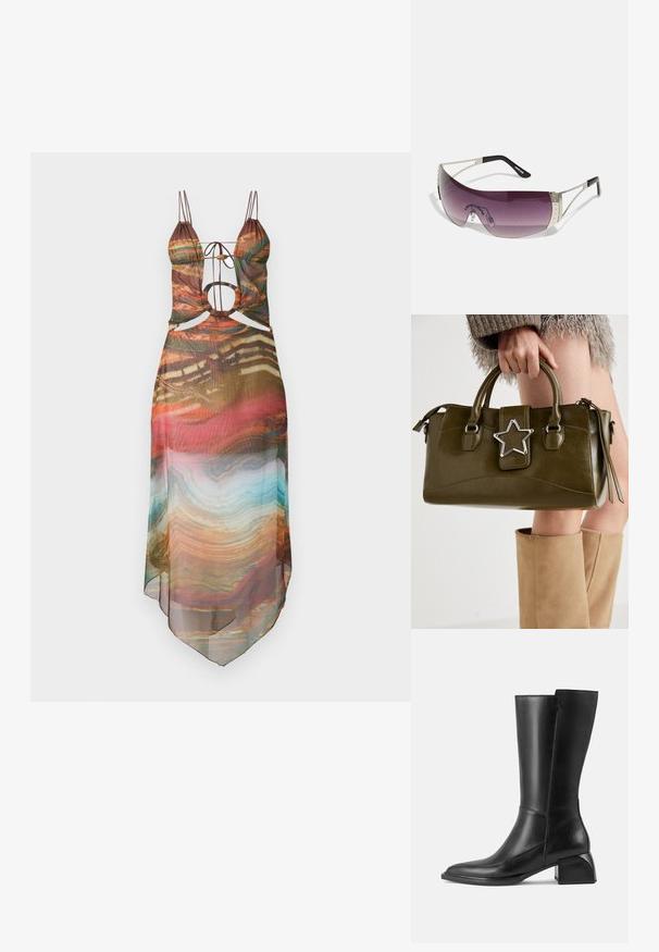 Viacfarebné priehľadné šaty s nastaviteľnými ramienkami, s vystrihnutými detailmi a splývavým lemom. Abstraktný vzor obsahuje teplé odtiene a tyrkysové akcenty.; Čierna kožená čižma po kolená so štvorcovou špičkou, skromným blokovým opätkom a minimálnym švom, s hladkým, lesklým povrchom.; Slnečné okuliare s veľkým, zaobleným purpurovým sklom, striebornými kovovými akcentmi a čiernymi stranami so značkou. Na ráme sú viditeľné textúrované detaily.; Olive zelená kabelka z faux kože s striebornou hviezdou, dvojitými uchami a zipsovým uzáverom. Textúrovaný povrch a štruktúrovaný tvar.