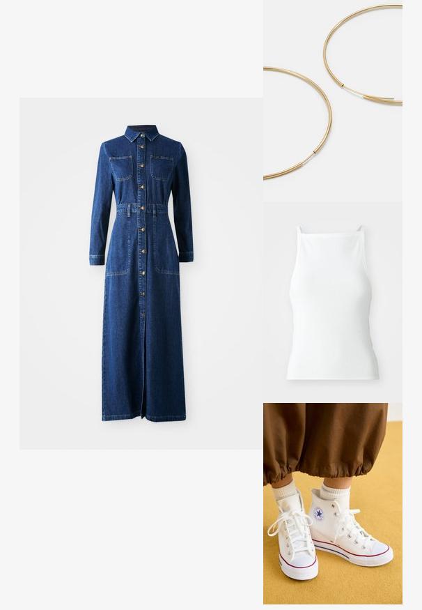 Vestido maxi de mezclilla con mangas largas, cuello puntiagudo, delantero con botones, dos bolsillos en el pecho, cintura ajustada y aberturas laterales para facilitar el movimiento.; Top de tirantes finos de canalé blanco, con un diseño ajustado y textura suave. La tela parece elástica y ligeramente estructurada.; Zapatillas altas de lona blancas con suela de goma, que cuentan con ojales plateados, un ribete rojo y azul, y un logo circular en el tobillo.; Bolso tote de cuero marrón con una textura suave, que presenta un diseño espacioso y una sola correa. Combinado con una chaqueta de mezclilla azul.; Pendientes de aro color dorado, delgados y redondos, con un acabado metálico suave y sin adornos ni patrones.