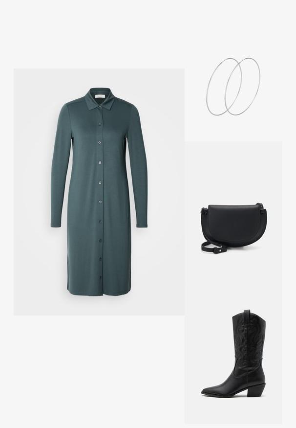 Pikakarvane, nööpidega kleit mahedas türkiissinises värvitoonis. Valmistatud siledast kangast, millel on krae ja külgedel lõhud hemmi juures.; Must have mustakotkad nahast saapad terava ninaga, ehted keerlevate mustritega ja keskmise kõrgusega kontsaga. Omab tõmberiba lihtsaks selga panemiseks.; Musta nahast õlakott, millel on kaarjas kuju, magnetklapi sulgemine, reguleeritav rihm ja esiküljel nähtav logo detail.; Hõbedased rõngastikkaehingad minimalistlikus disainis. Ümar kuju, sile tekstuur ja õhuke profiil. Kerged ning poleeritud viimistlusega.