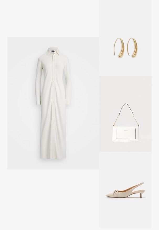 Polo Ralph Lauren BUTTONED PONTE MAXI SHIRTDRESS - Marškininė suknelė - trophy cream; Smėlio spalvos lakinės odos slingback aukštakulniai su smailiu priekiu ir dekoratyvine dekoracija ant vampo. Apima žemą, ploną kulną ir lygią tekstūrą.; Balta odinė rankinė su tekstūruotu paviršiumi, turinti auksinį grandinėlės dirželį ir juodas detales. Įskaičiuota priekinė kišenė ir užtrauktuko uždarymas.; Auksinės metalinės auskarų kabės su lenktą, pailgą forma. Turi lygų, blizgantį paviršių ir užapvalintą galiuką papildomam akcentui.