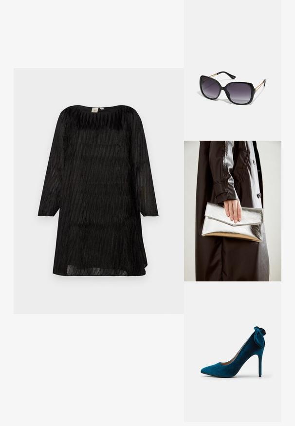 Vestido preto com mangas três quartos, feito de tecido translúcido com riscas texturizadas verticais e um decote arredondado.; Anna Field Saltos clássicos - dark blue; Óculos de sol oversized pretos com lentes degradê, armações grossas e detalhes em corrente dourada nas hastes.; Clutch metálica prateada com um design de envelope angular, textura suave e cor interior contrastante, segurada numa mão que veste um casaco preto.