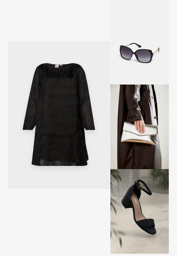 Vestido preto com mangas três quartos, feito de tecido translúcido com riscas texturizadas verticais e um decote arredondado.; Sandalha preta de salto alto com uma tira larga e tira no tornozelo, apresentando uma textura mate e um salto robusto. Logotipo da marca visível na palmilha.; Óculos de sol oversized pretos com lentes degradê, armações grossas e detalhes em corrente dourada nas hastes.; Clutch metálica prateada com um design de envelope angular, textura suave e cor interior contrastante, segurada numa mão que veste um casaco preto.