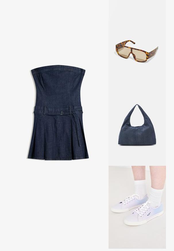 Traper haljina bez naramenica s pripijenim korzetom, raširenom suknjom i remenom. Značajna je po tamnoplavoj boji i glatkoj, teksturiranoj površini.; Svijetloplavi i ljubičasti platneni tenisice s bijelim vezicama i gumeni potplat, s logotipom sa strane i kontrastnim bojama uzdanja.; Naočale sa masivnim okvirom u kornjačevom uzorku u nijansama smeđe i narandžaste, sa velikim staklima smeđe boje i elegantnim dizajnom.; Tamna plava traper torba mekane, opuštene forme, s ručkom u stilu hobo i teksturiranom površinom. Nema vidljivih metalnih dodataka.