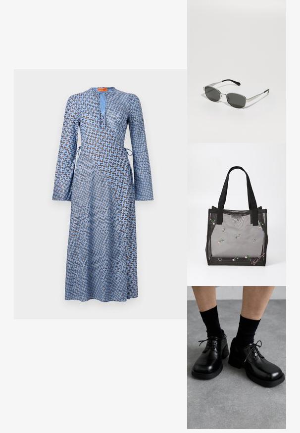 Abito blu a maniche lunghe con motivo geometrico marrone, caratterizzato da un collo a chiave e lacci laterali, realizzato in materiale leggero.; MIISTA ALTHEA BROGUES - Stringate - black; Occhiali da sole con lenti grigie, sottile montatura in metallo argento, dettagli trasparenti e punte nere sulle aste. Presentano una forma ovale.; Borsa a rete nera con motivi floreali ricamati, dotata di manici neri robusti e un'etichetta con logo sulla parte frontale. Materiale traslucido.