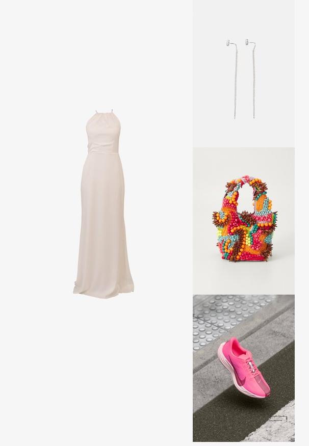 Pitkä, kaula-aukko hihnatön mekko pehmeästä kerma-taustasta. Silkkinen pinta, tiukka yläosa ja virtaava hame, jossa on kevyt juna. Minimalistinen muotoilu.; Nike urheilujalkineet kirkkaan vaaleanpunaisina, joissa on verkkopäällinen, pehmustettu kaulus, valkoinen välikerroksen ja kontrastoiva tummempi vaaleanpunainen varvaskuppi sekä Swoosh-yksityiskohta.; Käsiveski, mis on kaunistatud elavate värvidega: roosa, oranž, sinine ja pruun. Tekstuuriga pind ümmarguste helmed ja orgaanilised kujundid, vastupidavad käepidemed.; Hopeiset roikkuvat korvakorut, joissa on ohut, verkkomainen ketjumuotoilu ja suorat varret, varustettu perhoslukolla turvallista kiinnitystä varten.