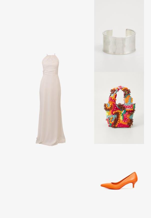 Dlouhé šaty s halter krkem z jemné krémové látky. Hladká textura, dobře padnoucí korzet a splývavá sukně s mírným vlečkou. Minimalistický design.; Pump boty v sytě oranžové kůži s špičatou špičkou, nízkým podpatkem a hladkou texturou; má kontrastní červenou podrážku.; Beaded kabelka s živými barvami: růžovou, oranžovou, modrou a hnědou. Texturovaný povrch s kulatými korálky a organickými tvary, pevné uchy.; Zign Náramek - silver-coloured