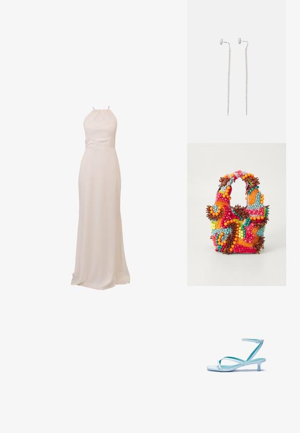 Hosszú, nyakban megkötős ruha puha, krémszínű anyagból. Sima textúra, testhezálló felsőrész és lágyan leomló szoknya, amelynek enyhe uszálya van. Minimalista design.; Világoskék, pántos szandál négyzet alakú orral, alacsony sarokkal, állítható bokapánttal és sima, fényes felülettel. Keresztezett pántok a talprétegen.; Gyöngyökkel díszített táska élénk színekben: rózsaszín, narancs, kék és barna. Texturált felület, kör alakú gyöngyökkel és organikus formákkal, tartós fogantyúkkal.; Ezüst fülbevalók, vékony, hálószerű lánc kialakítással és egyenes rúdszerű díszítéssel, pillangó kapcsokkal a biztonságos rögzítés érdekében.