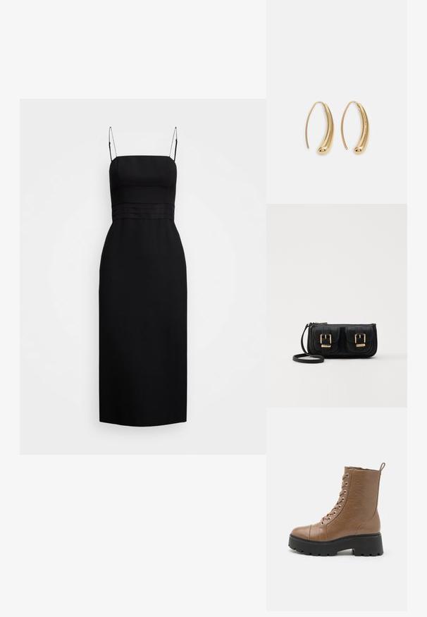 Abito midi nero realizzato in tessuto liscio, con un corpo aderente e spalline sottili, e dettagli di cucitura in vita.; Stivaletti alla caviglia in finta pelle marrone con una suola nera spessa, punta rotonda, lacci anteriori e un'etichetta per il passaggio sul retro. Dettagli con superficie testurizzata.; Borsa a tracolla nera in pelle con due tasche frontali, fibbie dorate, chiusura con zip e una tracolla sottile. Superficie texturizzata e forma rettangolare compatta.; Borsa a tracolla nera in pelle con due tasche frontali, fibbie dorate, chiusura con zip e una tracolla sottile. Superficie texturizzata e forma rettangolare compatta.; Orecchini a cerchio in metallo color oro con forma curva ed allungata. Presentano una superficie liscia e lucida e una punta arrotondata per un tocco di dettaglio in più.