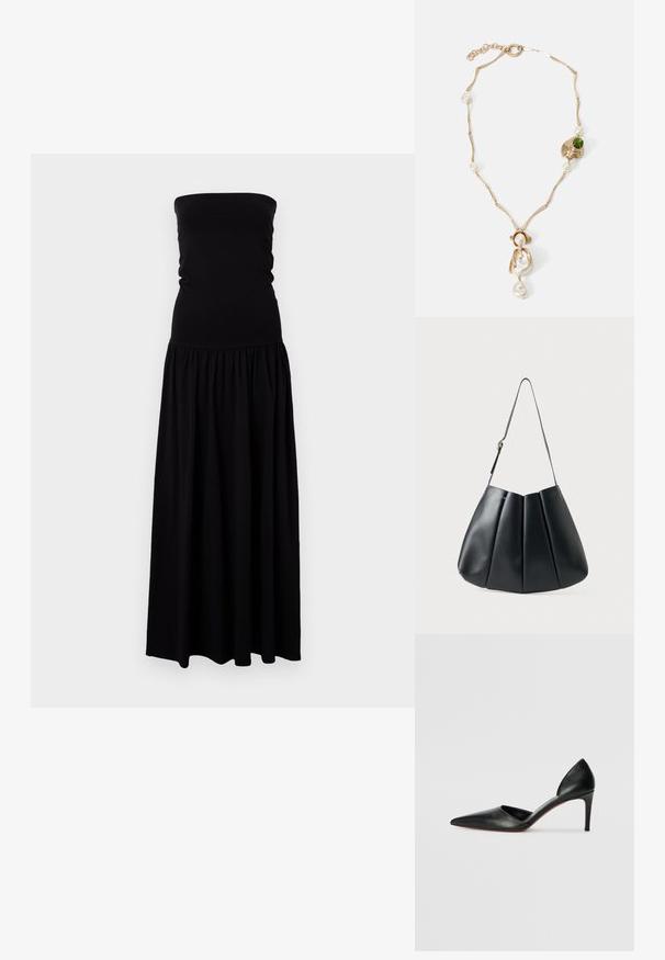 Melnā strapless maksi kleita, kas izgatavota no mīksta, elastīga auduma. Pieguļošs augums ar sak gatheredāku svārku, plūstošu audumu un gludu tekstūru.; Melni ādas augstpapēžu apavi ar smailu purngalu, atvērtām malām un elegantu siluetu. Iespējams, ir plāna papēža un sarkana zole.; Melnas ādas plecu soma ar krokotu dizainu, gludu faktūru, vienu siksnu un smalku zelta aparatūru.; Zelta tonis kaklarota ar savirpinātām saistēm, baltām pērlem un zaļa akmens akcentu. Izceļas ar sarežģītām detaļām un aizdari, lai nostiprinātu.