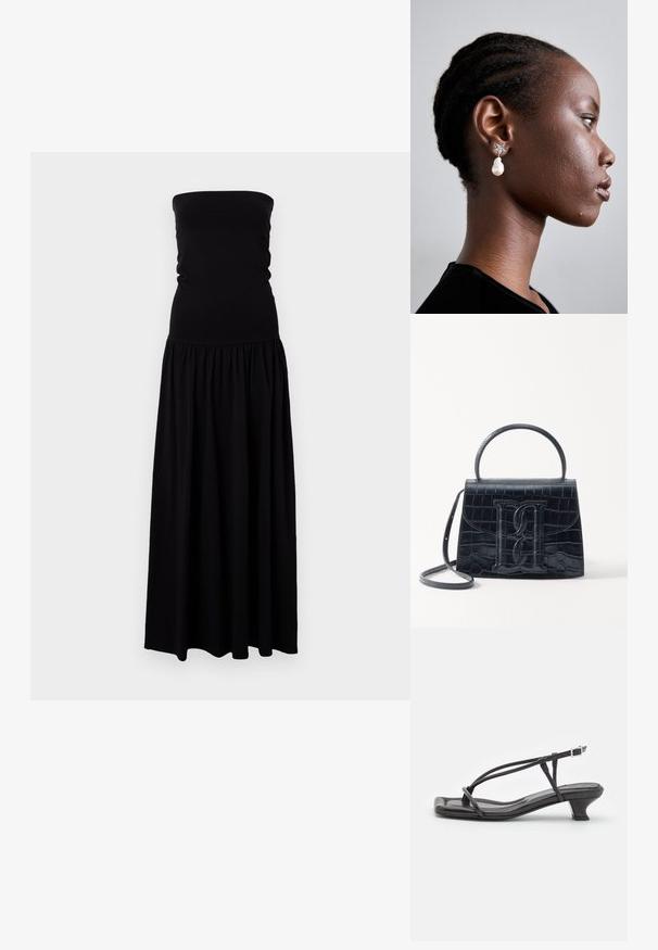 Juoda be petnešėlių maksi suknelė, pagaminta iš minkštos, tamprios medžiagos. Prigludusi forma su surinkta sijonu, plaukiojančia medžiaga ir lygia tekstūra.; Juodas odinis šlepetės su plonomis dirželiu, mažu blokuoju kulnu ir kvadratiniu pirštu. Yra sagties uždarymas ir lygus paviršius.; Juodas krokodilo rašto odinis rankinės krepšys su struktūruotu dizainu, viršutine rankena, reguliuojamu dirželiu ir išsiskiriančiu priekinio logo detale.; Tory Burch STAR DROP EARRING - Auskarai - silver-coloured
