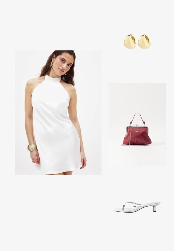 Biely šaty s halter krkom vyrobené z hladkej tkaniny, s mierne rozšíreným strihom a vysokým golierom, doplnené o kovový náramok.; Next SIGNATURE TOE POST REGULAR FIT - Sandále T-bar - silver; Červená kožená taška s strieborným reťazovým popruhom, okrúhly tvar, skladaný dizajn a kovová spona na vrchu. Ozdobená detailom loga.; Zlaté kruhové náušnice s hladkým, zaobleným dizajnom; leštený povrch a otvorené zapínanie, s jemným švom pre upevnenie.