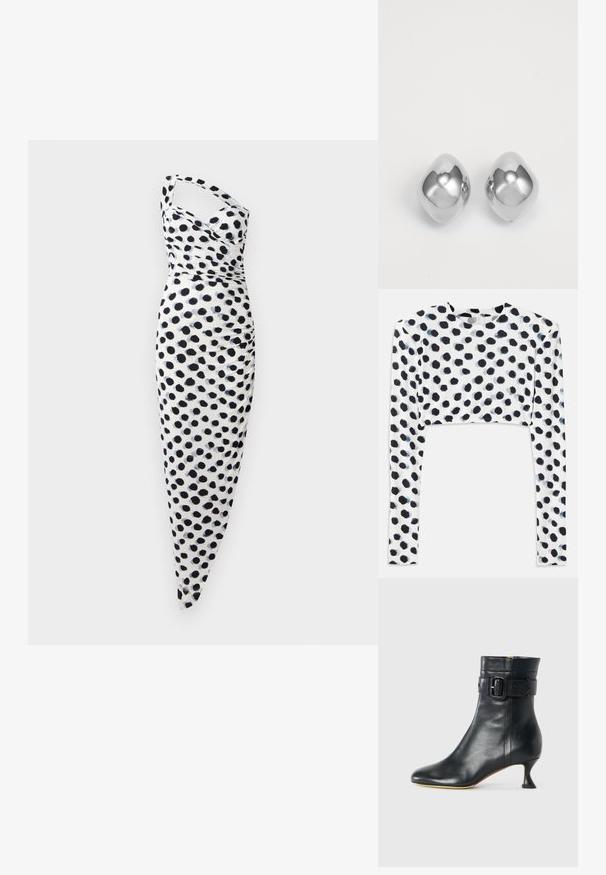 Rochie albă cu un design cu un singur umăr, decorată cu buline negre, având o croială care se mulează pe corp și detalii pliate de-a lungul laturii.; Top scurt cu mânecă lungă, dintr-un material alb elastic, decorat cu un design cu buline negre, având o textură netedă și un decolteu rotund.; Botină neagră din piele, cu vârful ascuțit, toc conic și detalii cu cataramă la manșetă. Textură netedă și design elegant.; Cercei din metal argintiu cu o formă netedă și rotunjită, având un finisaj lustruit și o suprafață reflectorizantă. Design minimalist, fără ornamentații.