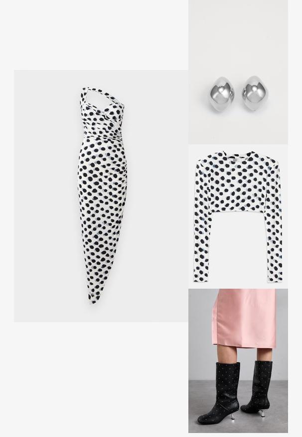 Biała sukienka z jednym rękawem, ozdobiona czarnymi kropkami, o dopasowanym kroju z marszczeniami po bokach.; Krótką bluzkę z długim rękawem z elastycznego białego materiału z czarnym wzorem w kropki, o gładkiej fakturze i okrągłym dekolcie.; Czarne kozaki do kolan wykonane z gładkiego materiału, z subtelnym wzorem ćwieków i srebrnym obcasem. Dodatkowo zestawione z różową satynową sukienką.; Srebrne kolczyki metalowe o gładkim, zaokrąglonym kształcie, z polerowanym wykończeniem i lustrową powierzchnią. Minimalistyczny design bez zdobień.