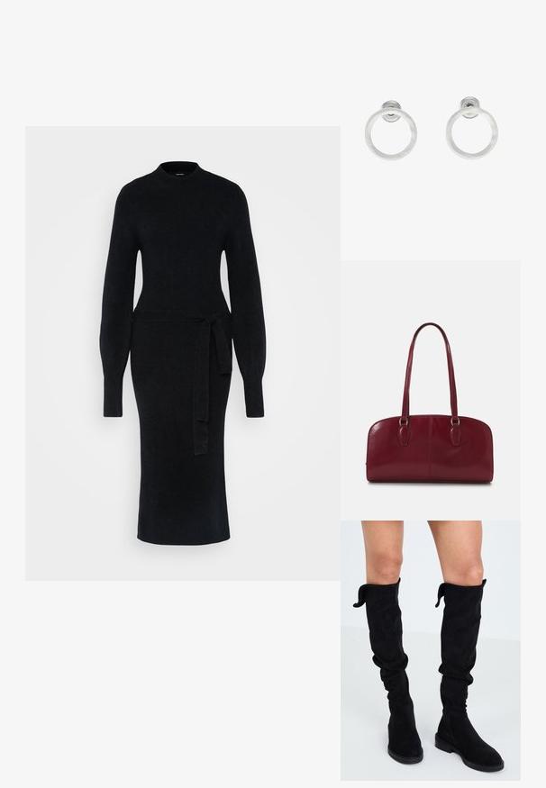 Black knit dress featuring long sleeves, a high neckline, and a waist tie. The silhouette is fitted, with a straight midi-length hem.; Black suede over-the-knee boots with soft fabric, slouchy design, rounded toe, flat sole, and a side zipper for easy wear.; Zign LEATHER - Handbag - dark red; Silver metal hoop earrings with a brushed texture, featuring a circular design and a clear post back for secure wear.