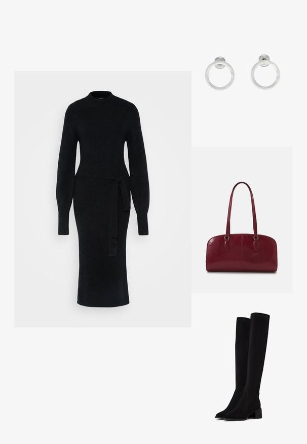 Czarna dzianinowa sukienka z długimi rękawami, wysokim kołnierzem i paskiem w talii. Sylwetka jest dopasowana, z prostym dołem w długości midi.; Czarne kozaki za kolano wykonane z miękkiego, teksturowanego materiału. Posiadają słupkowy obcas, spiczasty nos i widoczne przeszycia.; Zign MURREN ciemnoczerwony; Srebrne metalowe kolczyki w kształcie obręczy z matową teksturą, z okrągłym wzorem i przezroczystym zapięciem typu post, zapewniającym bezpieczne noszenie.